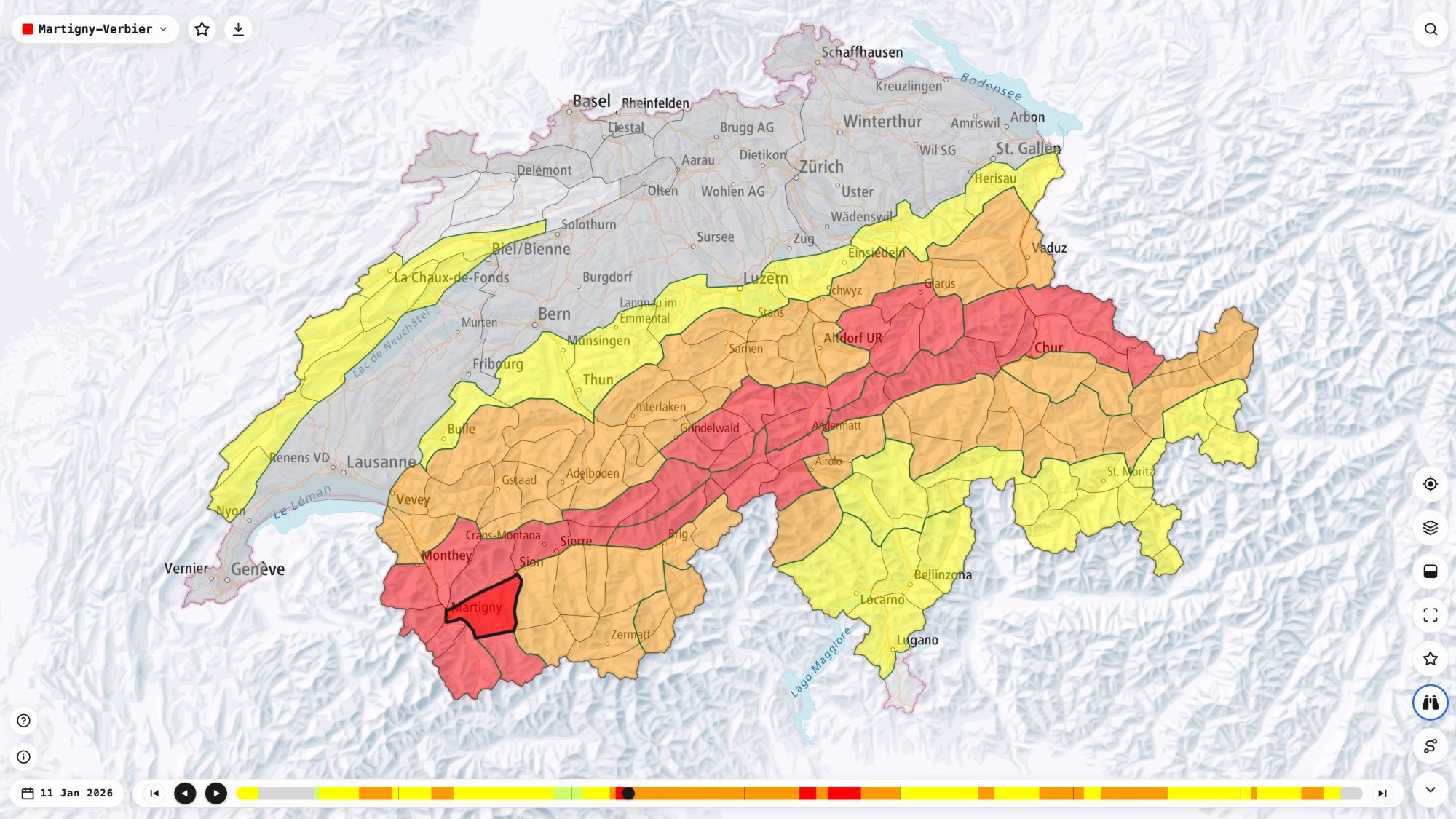 The Snowdesk map on 11 January 2026: Swiss avalanche warning regions coloured by danger level, with Martigny–Verbier selected and the season timeline along the bottom.